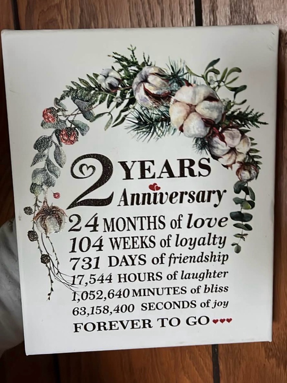 2 Years Anniversary Canvas Sign - White with Green and Brown Floral Accents